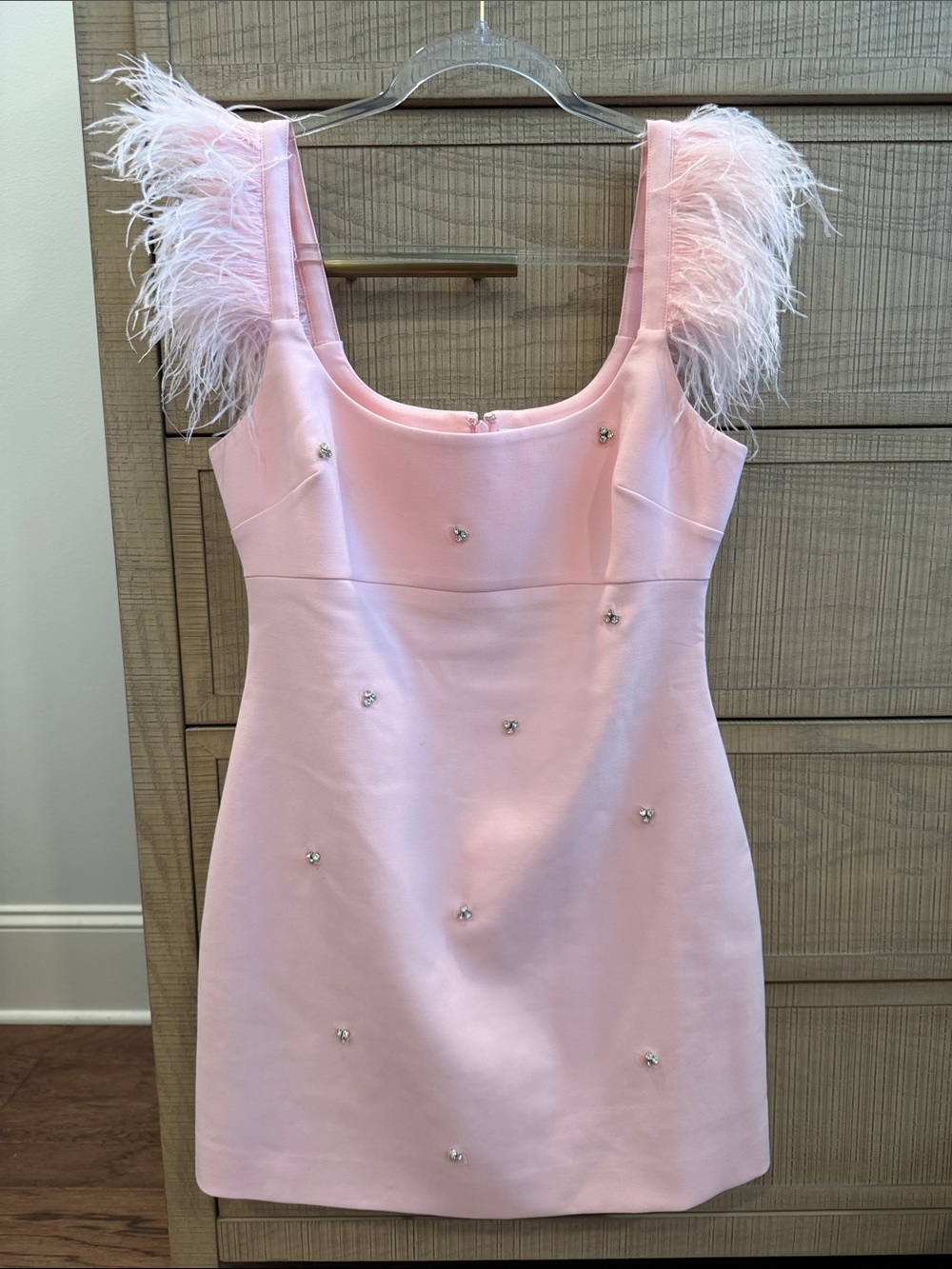 Likely Pink Mini Dress with Feathered Shoulders- Cameron Feather & Crystal Dress
